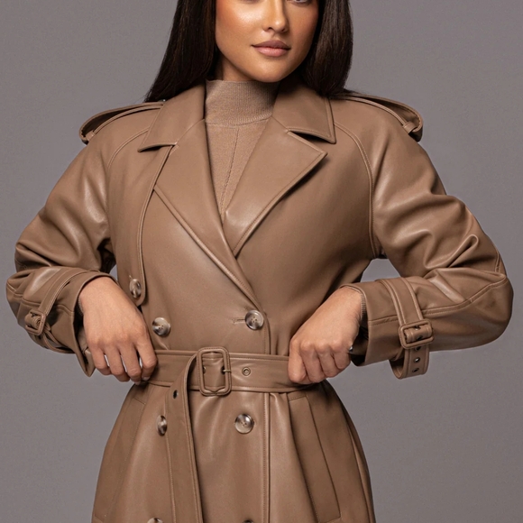 JLUXLABEL Jackets & Blazers - Tan Double-Breasted Trench Coat with Belt/ Faux Leather